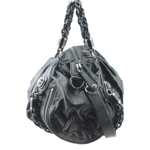 GUCCI Galaxy Two-Way Bag Black Leather Vintage Medium Satchel Purse Silver Chain - Picture 11 of 13